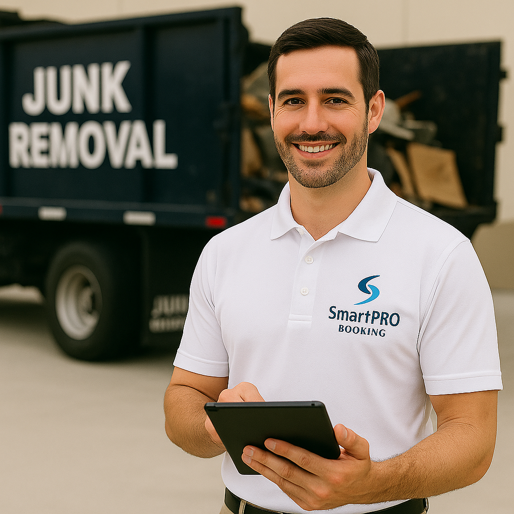Junk removal professional with tablet